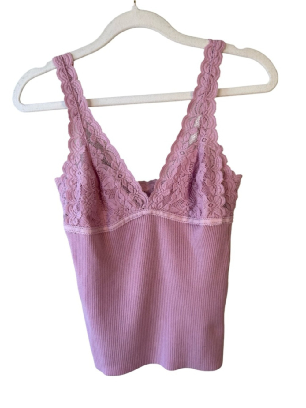 le chateau Pink Ribbed Lace-Trim Tank Size S Y2K Cottagecore Romantic Feminine